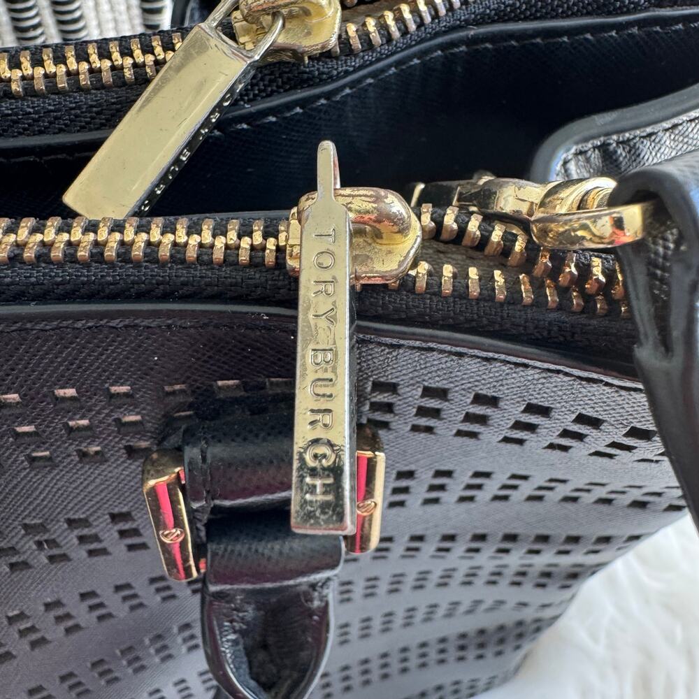 Tory Burch Black Robinson Laser Cut Saffiano Leather Double Zip Satchel Bag - Picture 13 of 16
